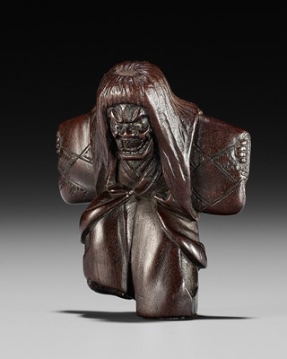 Lot 159 - A DRAMATIC WOOD NETSUKE OF A NOH DANCER, ATTRIBUTED TO MIWA