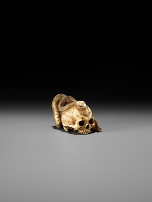 Lot 96 - A FINE IVORY NETSUKE OF A SKULL WITH A SNAKE