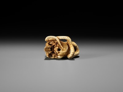 Lot 96 - A FINE IVORY NETSUKE OF A SKULL WITH A SNAKE