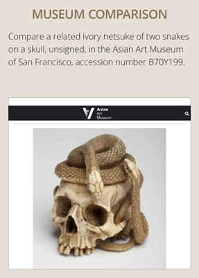 Lot 96 - A FINE IVORY NETSUKE OF A SKULL WITH A SNAKE