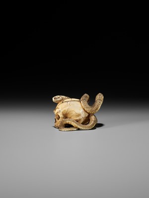 Lot 96 - A FINE IVORY NETSUKE OF A SKULL WITH A SNAKE