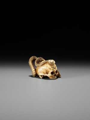 Lot 96 - A FINE IVORY NETSUKE OF A SKULL WITH A SNAKE