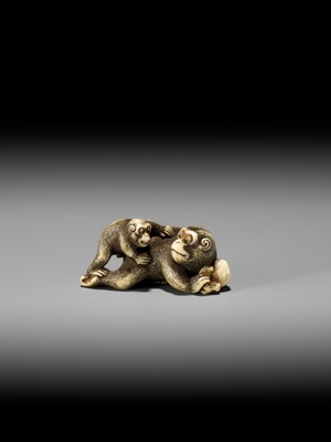 Lot 54 - GARAKU: AN IVORY NETSUKE OF A MONKEY WITH YOUNG