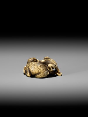 Lot 54 - GARAKU: AN IVORY NETSUKE OF A MONKEY WITH YOUNG