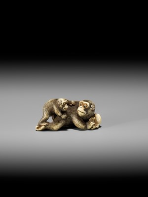 Lot 54 - GARAKU: AN IVORY NETSUKE OF A MONKEY WITH YOUNG