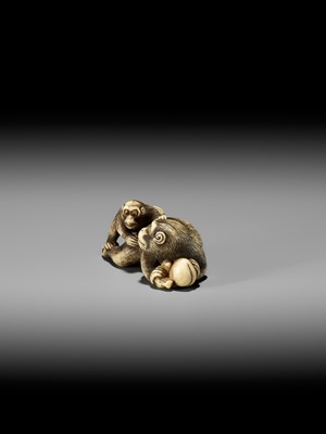 Lot 54 - GARAKU: AN IVORY NETSUKE OF A MONKEY WITH YOUNG