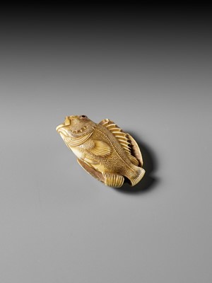 Lot 217 - ANDO RYOKUZAN: A SUPERB IVORY NETSUKE OF A FLOUNDER AND ROCKFISH