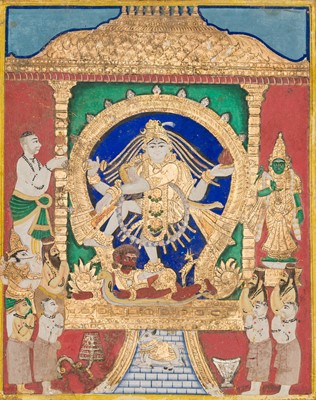 Lot 648 - A TANJORE PAINTING OF SHIVA NATARAJA IN A TEMPLE ALCOVE, INDIA, LATE 19TH CENTURY