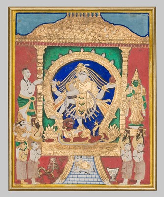 Lot 648 - A TANJORE PAINTING OF SHIVA NATARAJA IN A TEMPLE ALCOVE, INDIA, LATE 19TH CENTURY