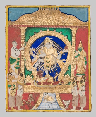 Lot 648 - A TANJORE PAINTING OF SHIVA NATARAJA IN A TEMPLE ALCOVE, INDIA, LATE 19TH CENTURY