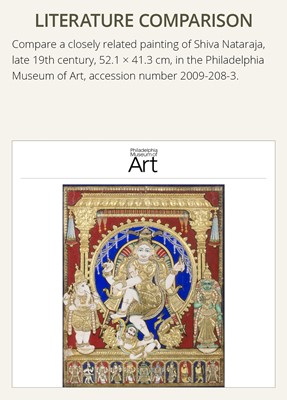 Lot 648 - A TANJORE PAINTING OF SHIVA NATARAJA IN A TEMPLE ALCOVE, INDIA, LATE 19TH CENTURY