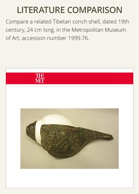 Lot 284 - A RITUAL CONCH SHELL TRUMPET WITH SILVER, BRONZE AND COPPER MOUNTS, 18TH-19TH CENTURY