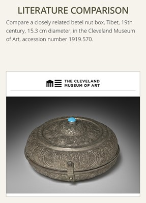 Lot 290 - A TURQUOISE-INLAID SILVER REPOUSSÉ BETEL NUT BOX AND COVER, BHUTAN, EARLY 19TH CENTURY