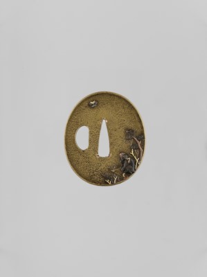 Lot 40 - AN INLAID SENTOKU TSUBA WITH A MONKEY AND BUTTERFLY