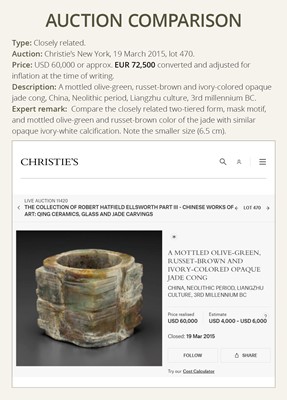 Lot 410 - A TWO-TIERED MOTTLED JADE CONG, LIANGZHU CULTURE