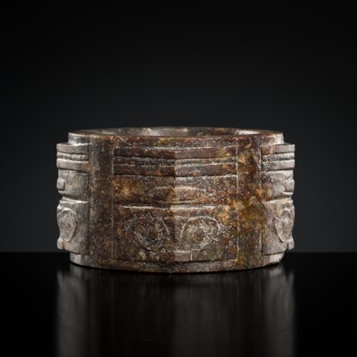 Lot 410 - A TWO-TIERED MOTTLED JADE CONG, LIANGZHU CULTURE