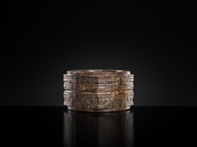 Lot 410 - A TWO-TIERED MOTTLED JADE CONG, LIANGZHU CULTURE