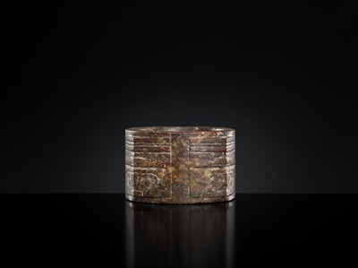 Lot 410 - A TWO-TIERED MOTTLED JADE CONG, LIANGZHU CULTURE