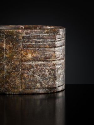 Lot 410 - A TWO-TIERED MOTTLED JADE CONG, LIANGZHU CULTURE