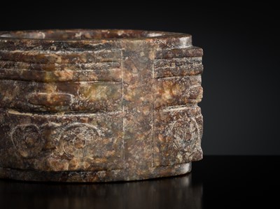 Lot 410 - A TWO-TIERED MOTTLED JADE CONG, LIANGZHU CULTURE