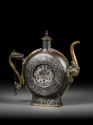 Lot 2 - A SILVER-DAMASCENED IRON BEER JUG WITH BRASS HANDLE AND SPOUT, 18TH-19TH CENTURY