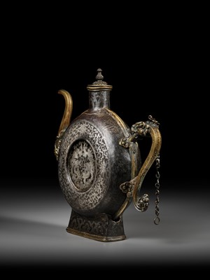 Lot 2 - A SILVER-DAMASCENED IRON BEER JUG WITH BRASS HANDLE AND SPOUT, 18TH-19TH CENTURY