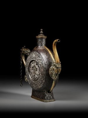 Lot 2 - A SILVER-DAMASCENED IRON BEER JUG WITH BRASS HANDLE AND SPOUT, 18TH-19TH CENTURY