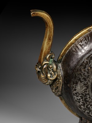 Lot 2 - A SILVER-DAMASCENED IRON BEER JUG WITH BRASS HANDLE AND SPOUT, 18TH-19TH CENTURY