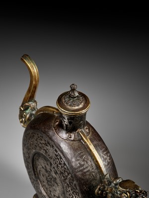 Lot 2 - A SILVER-DAMASCENED IRON BEER JUG WITH BRASS HANDLE AND SPOUT, 18TH-19TH CENTURY