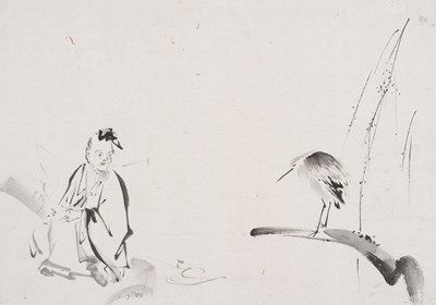 Lot 310 - A KANO SCHOOL PAINTING OF A CHINESE LITERATI OBSERVING A HERON