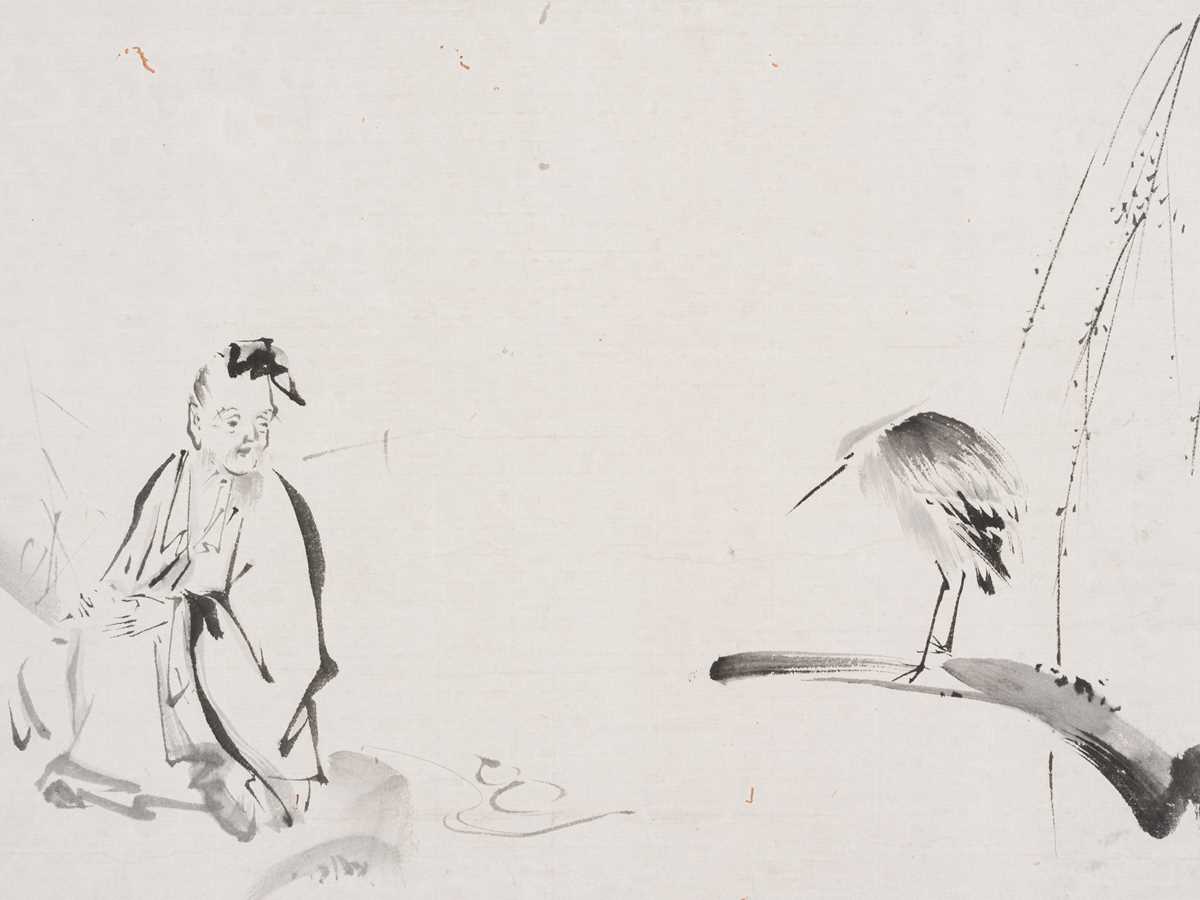 Lot 310 - A KANO SCHOOL PAINTING OF A CHINESE LITERATI OBSERVING A HERON