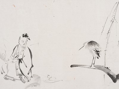 Lot 310 - A KANO SCHOOL PAINTING OF A CHINESE LITERATI OBSERVING A HERON