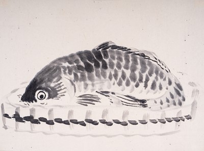 A PAINTING OF A CARP ON A PLATTER