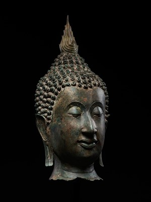 A MONUMENTAL BRONZE HEAD OF BUDDHA, SUKHOTHAI STYLE