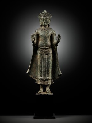 Lot 599 - A BRONZE FIGURE OF CROWNED BUDDHA, ANGKOR PERIOD