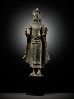 Lot 599 - A BRONZE FIGURE OF CROWNED BUDDHA, ANGKOR PERIOD