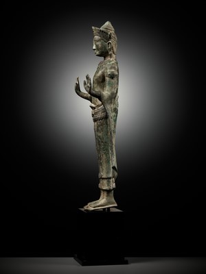 Lot 599 - A BRONZE FIGURE OF CROWNED BUDDHA, ANGKOR PERIOD