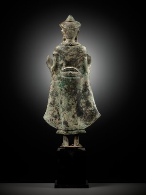 Lot 599 - A BRONZE FIGURE OF CROWNED BUDDHA, ANGKOR PERIOD