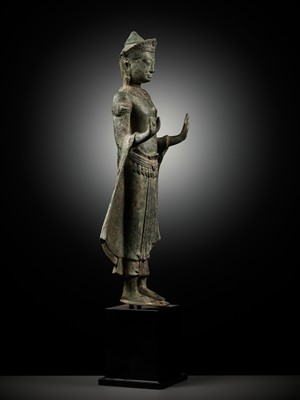 Lot 599 - A BRONZE FIGURE OF CROWNED BUDDHA, ANGKOR PERIOD
