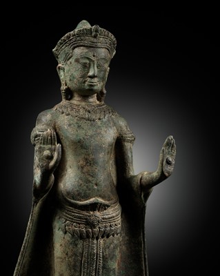 Lot 599 - A BRONZE FIGURE OF CROWNED BUDDHA, ANGKOR PERIOD