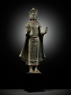 Lot 599 - A BRONZE FIGURE OF CROWNED BUDDHA, ANGKOR PERIOD