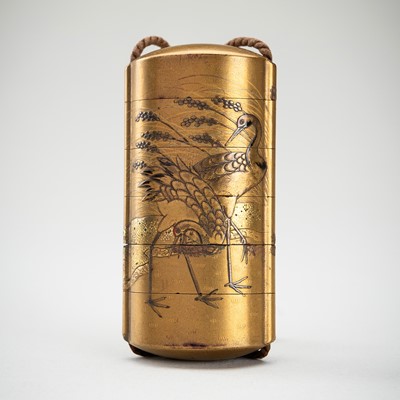 A GOLD LACQUER FIVE-CASE INRO DEPICTING RED-CROWNED CRANES, KAJIKAWA FAMILY