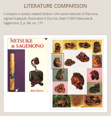 Lot 278 - SUKEYUKI: A RARE HIDA SCHOOL ITTOBORI YEW WOOD NETSUKE OF A DARUMA DOLL