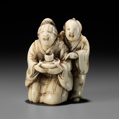 Lot 174 - A RARE IVORY NETSUKE OF A BLINDFOLDED GEISHA WITH ATTENDANT