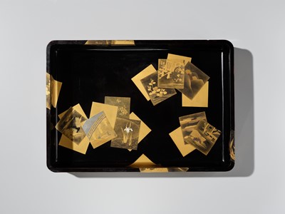 Lot 47 - A LARGE LACQUER TRAY WITH TANZAKU (POEM CARDS)