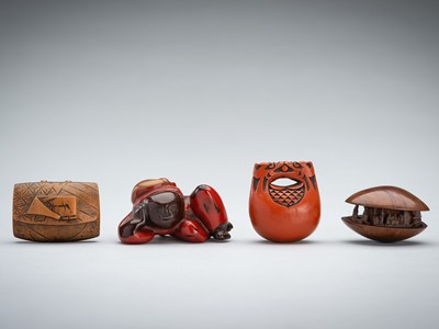 A LOT WITH FOUR LACQUER AND WOOD NETSUKE