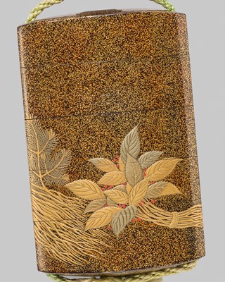 Lot 58 - A FOUR-CASE GOLD LACQUER INRO WITH PINE AND NANDINA SAPLINGS