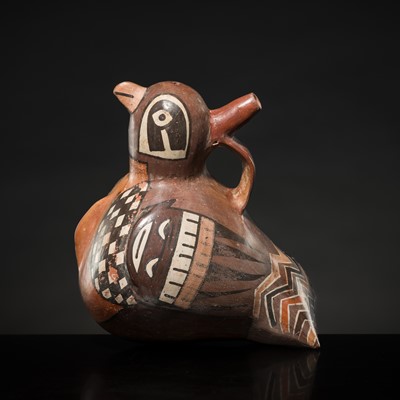 Lot 136 - A PAINTED BRIDGE-AND-SPOUT BOTTLE IN THE FORM OF A BIRD, NASCA CULTURE
