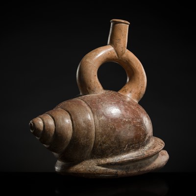 Lot 130 - A CERAMIC STIRRUP-SPOUT VESSEL IN THE FORM OF A SNAIL, MOCHE CULTURE, c. 3RD CENTURY