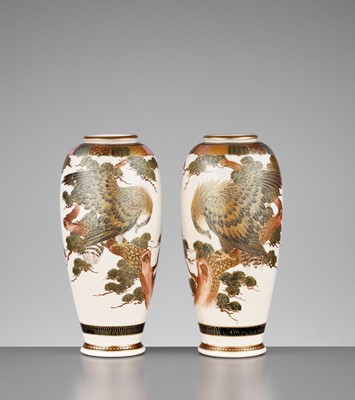 Lot 122 - CHOSHUZAN: A FINE PAIR OF SATSUMA VASES WITH HAWK AND PINE TREE